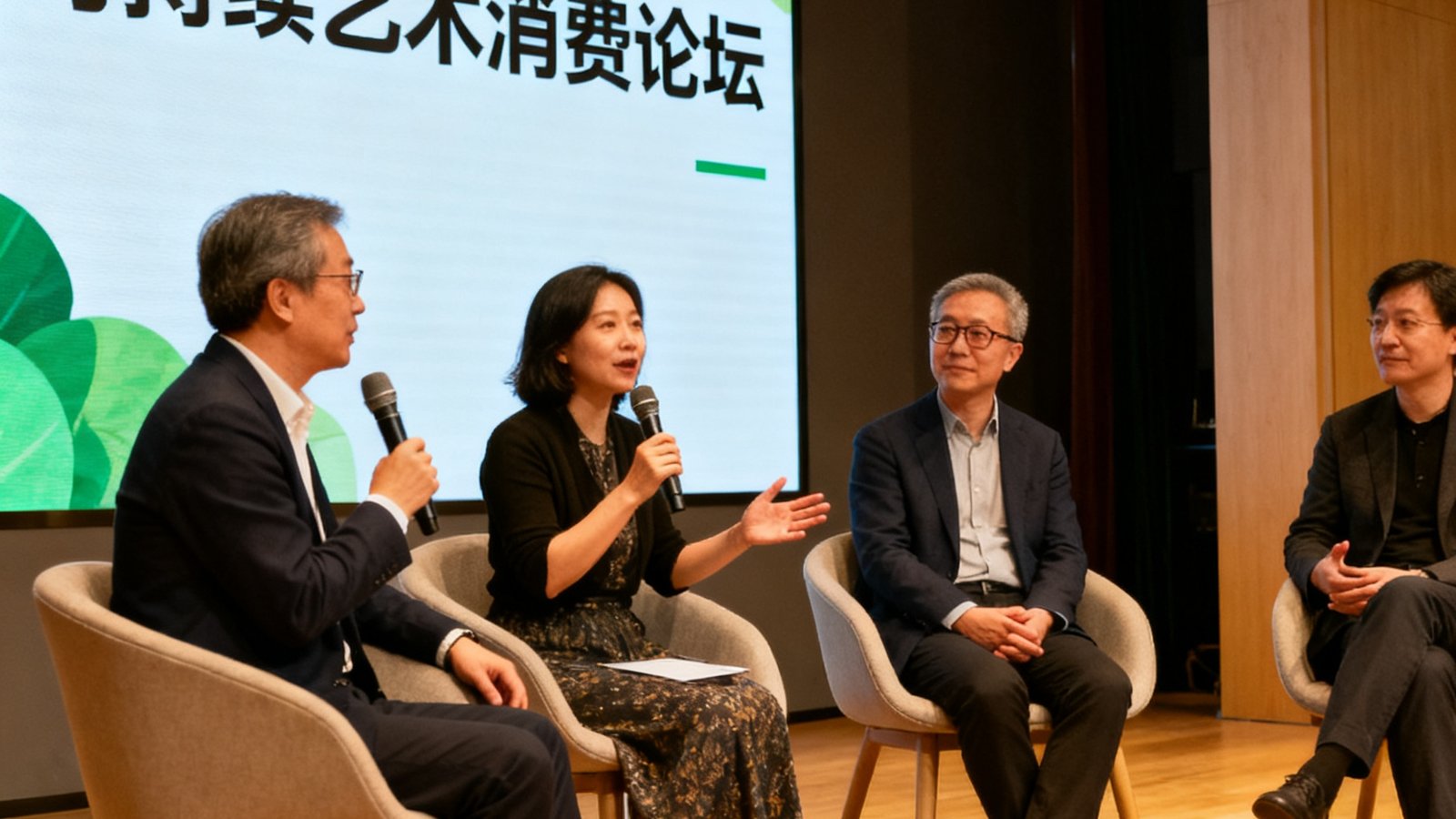 可持续艺术消费论坛现场，圆桌讨论环节中四位嘉宾正在就绿色艺术消费话题展开热烈讨论，背景屏幕显示论坛主题